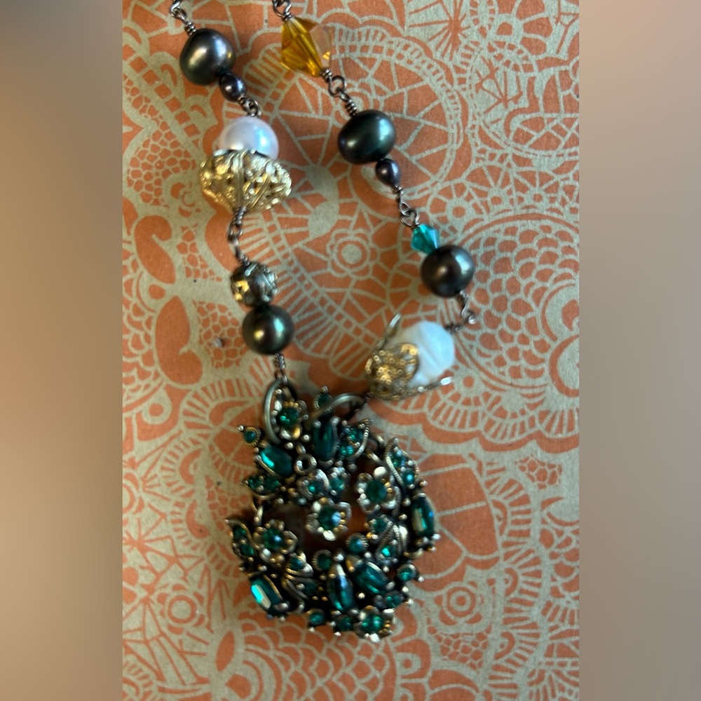 Gorgeous Vintage Brooch Repurposed Necklace with pearls and crystals.